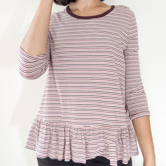 DownEast Tops - NWT Downeast Burgundy Striped Ruffle Hem Shirt